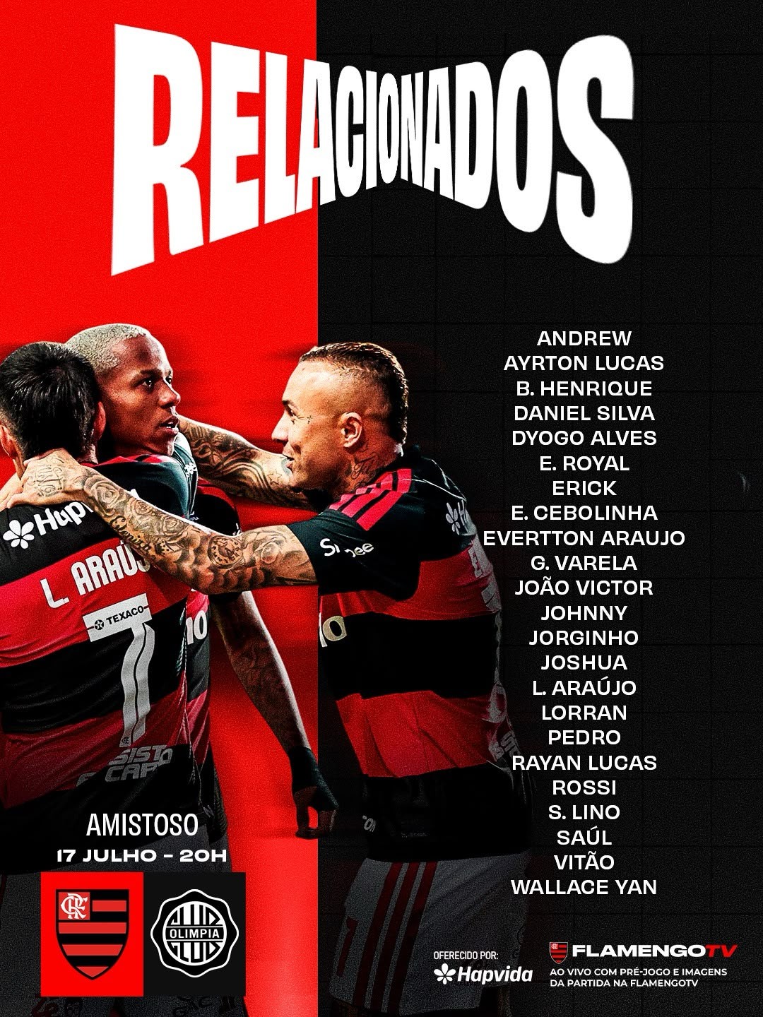 Com Varela e sem De La Cruz, Flamengo divulga relacionados para enfrentar o Olimpia