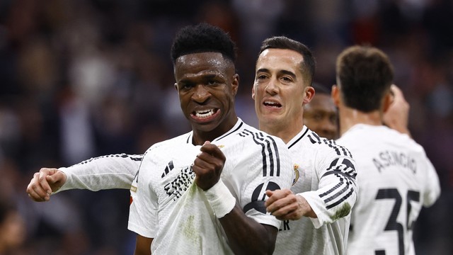 Vini Jr e Lucas Vázquez comemoram em Real Madrid x Rayo Vallecano