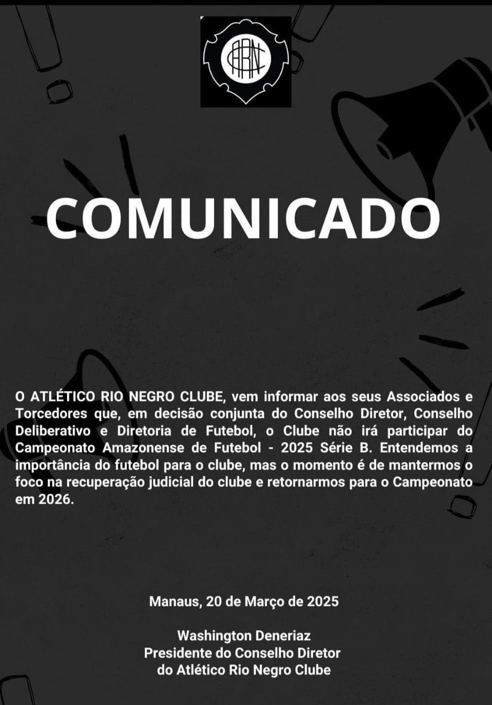 Comunicado Rio Negro &mdash; Foto: Reprodu&ccedil;&atilde;o