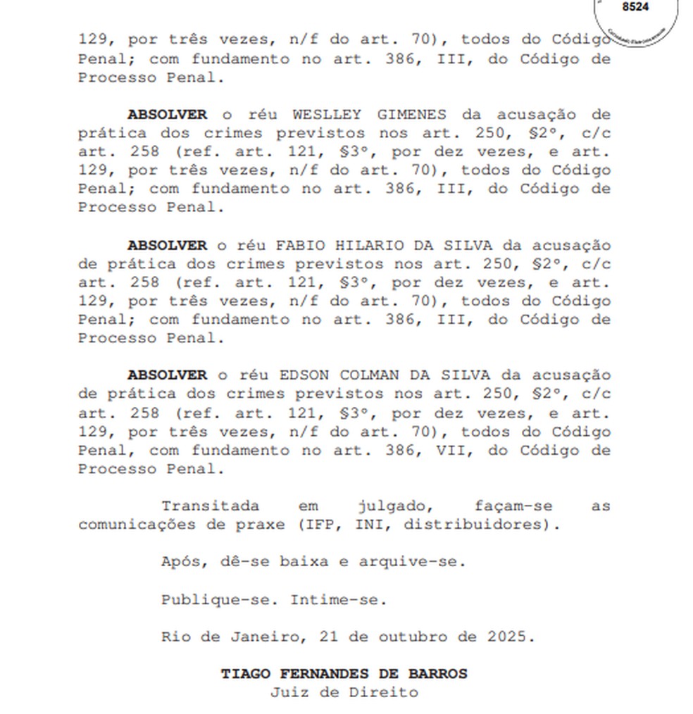 Réus absolvidos em processo do Ninho do Urubu — Foto: Reprodução