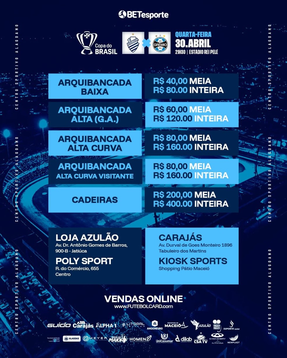 Preço dos ingressos para CSA x Grêmio — Foto: Divulgação/CSA