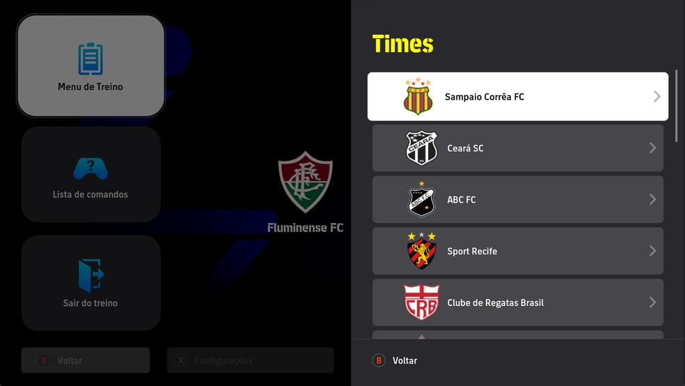 Lista de times da Série B do modo Treino Livre — Foto: Reprodução in-Game