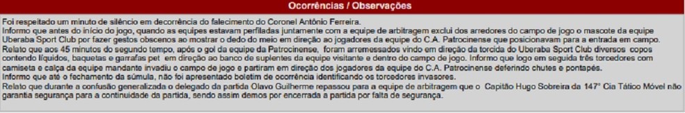 Súmula de Uberaba x Patrocinense relata problemas no Uberabão  — Foto: Reprodução/FMF