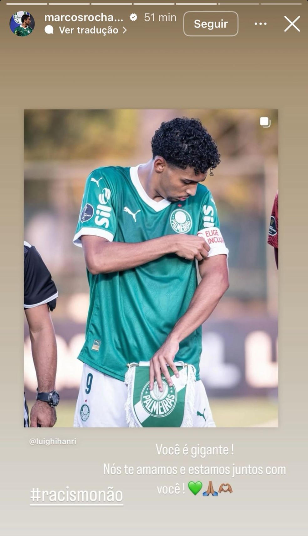 Marcos Rocha apoia Luighi, do Palmeiras, que sofreu ofensa racista — Foto: Reprodução