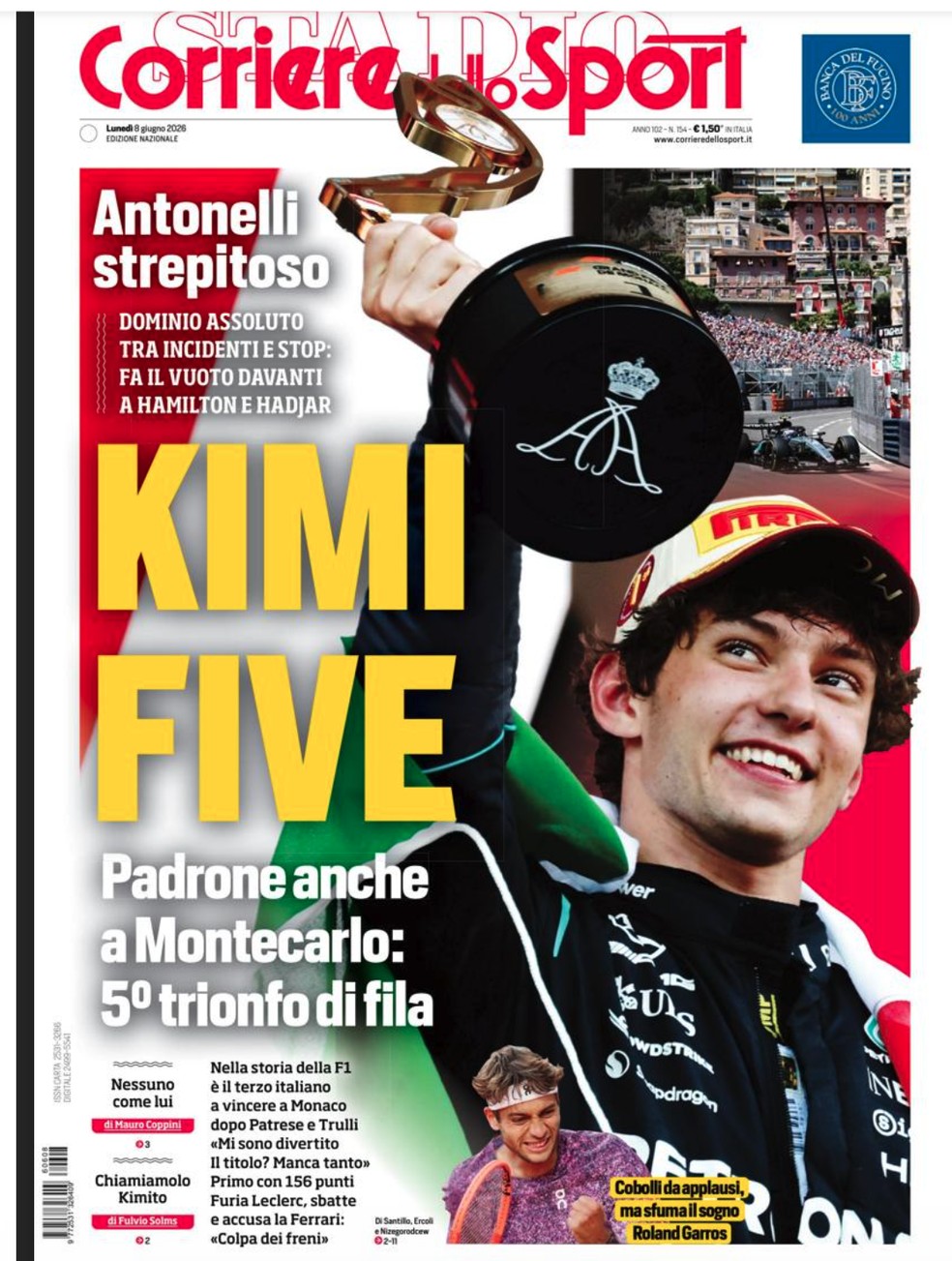 Corriere dello Sport destaca quinta vitória seguida de Antonelli — Foto: Reprodução/Corriere dello Sport