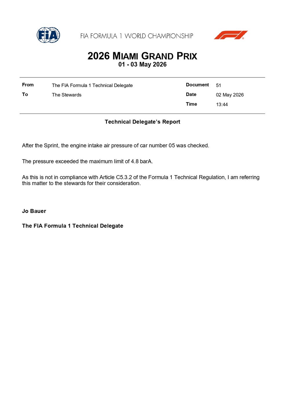 Documento da FIA informa irregularidade no carro de Bortoleto &mdash; Foto: FIA