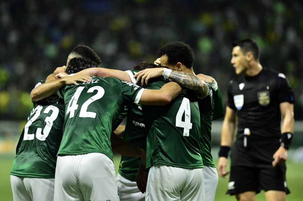 Jogadores do Palmeiras comemoram vitória contra o Vasco no Brasileirão.