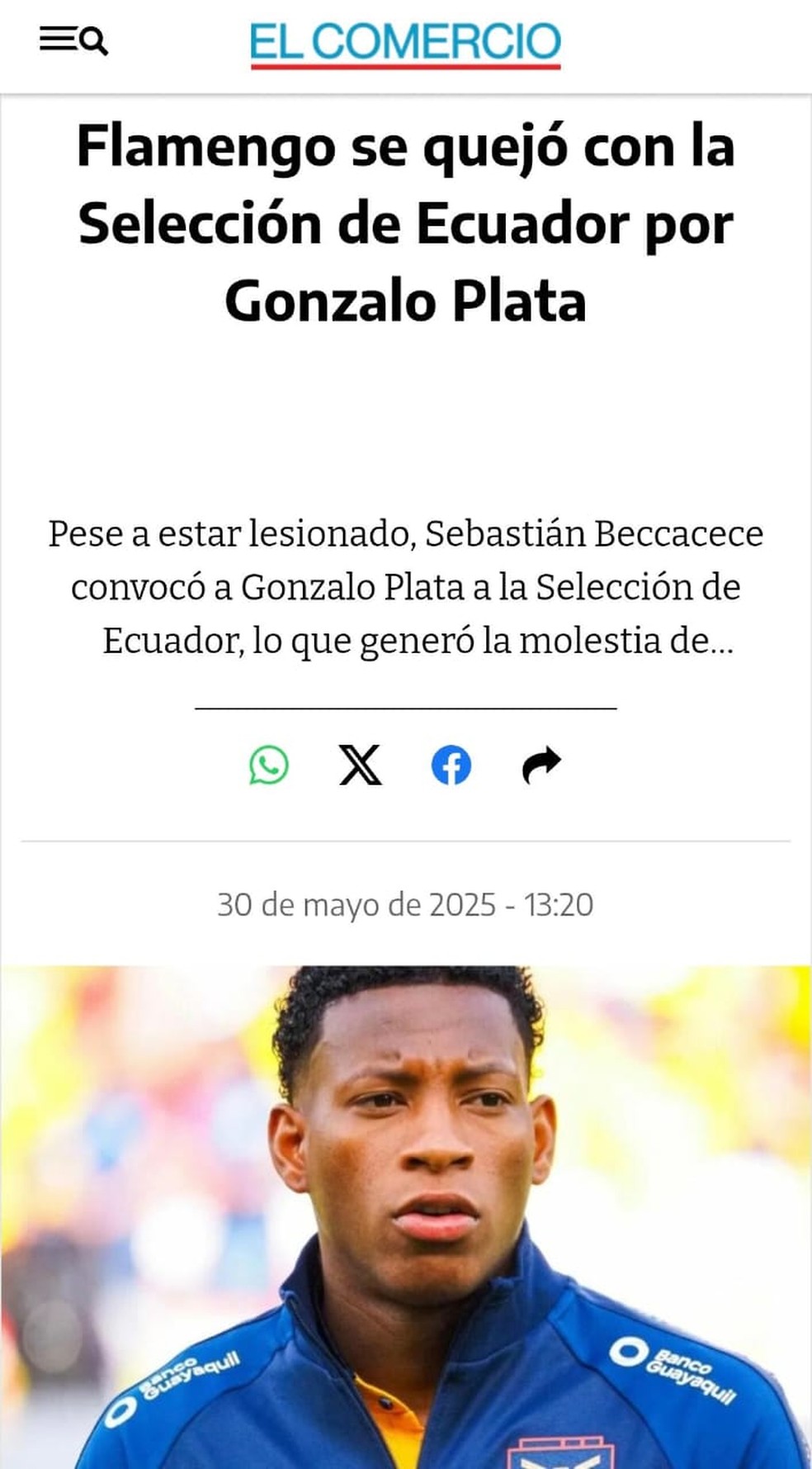 Imprensa equatoriana repercute impasse de Plata no Flamengo  Foto: Reproduo