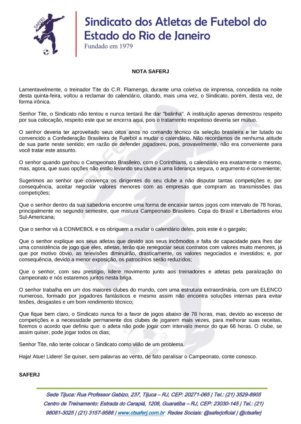 Sindicato dos Atletas de Futebol do Rio fez duas críticas a Tite — Foto: Divulgação