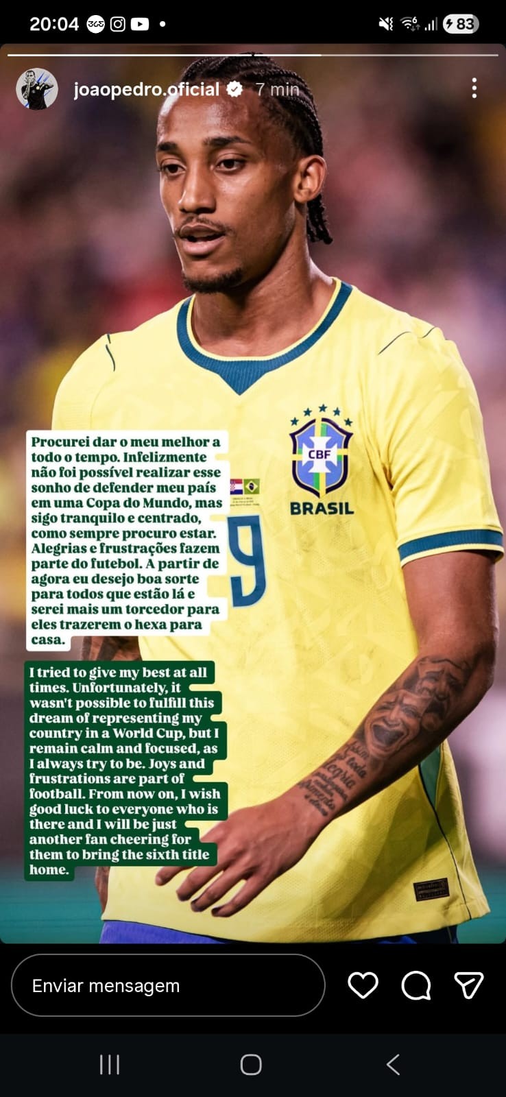 João Pedro lamenta ausência na lista da Copa: "Alegrias e frustrações fazem parte do futebol"