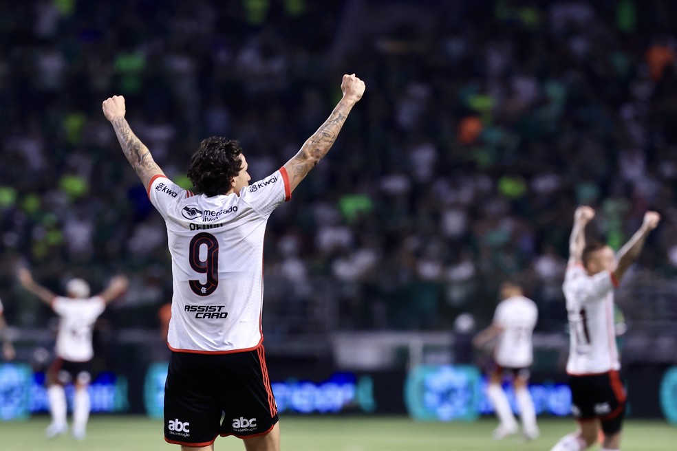 Pedro comemora a classificação do Flamengo contra o Palmeiras — Foto: Marcello Zambrana/AGIF