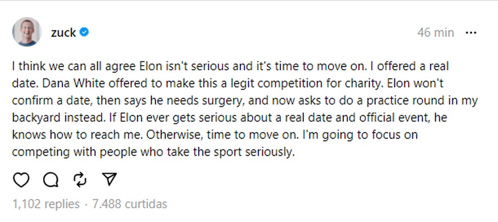 Print de post de Mark Zuckerberg em rede social &mdash; Foto: Rede social