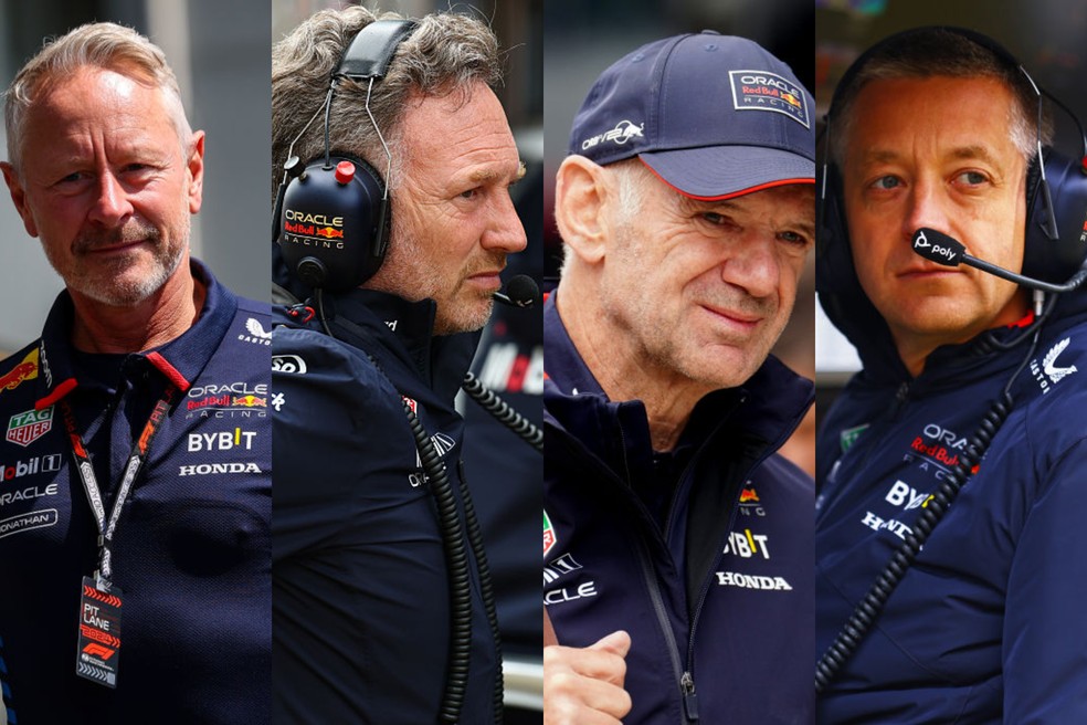 Jonathan Wheatley (ex-diretor esportivo), Christian Horner (ex-chefe), Adrian Newey (ex-projetista) e Will Courtenay (chefe de estratégia, saída em 2026): baixas da RBR em 2024 e 2025 — Foto: Getty Images