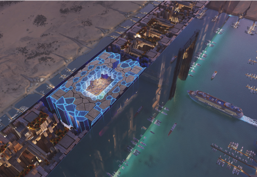 Estádio em Neom, na Arábia Saudita, ficará a 350 metros acima do nível do mar — Foto: Divulgação / Federação Saudita Futebol
