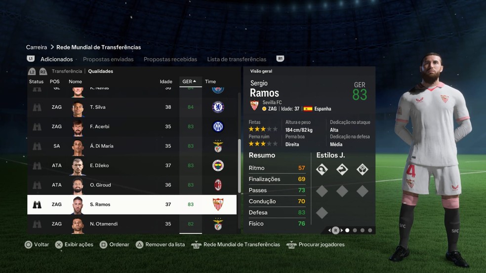 Sérgio Ramos no modo carreira do FC 24 — Foto: Reprodução/EA Sports