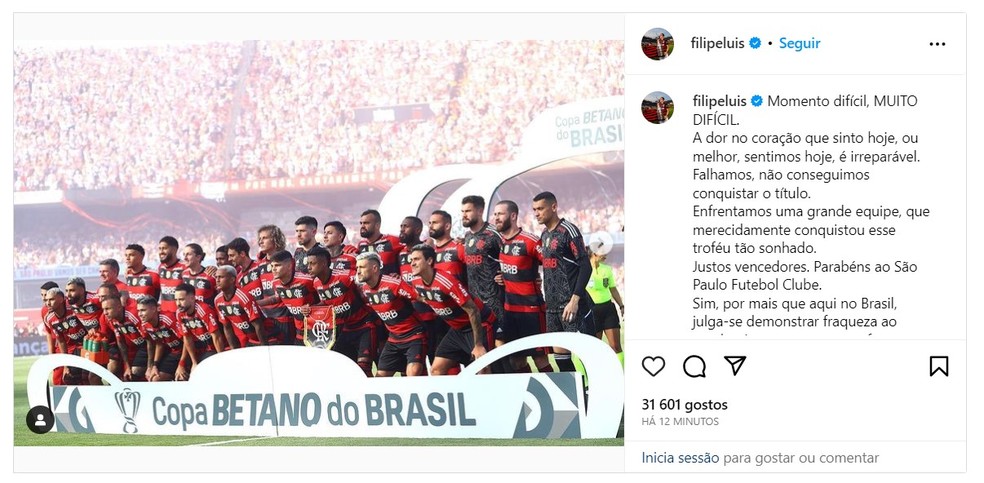 Filipe Luis posta mensagem após vice campeonato do Flamengo na Copa do Brasil — Foto: Reprodução Redes Sociais