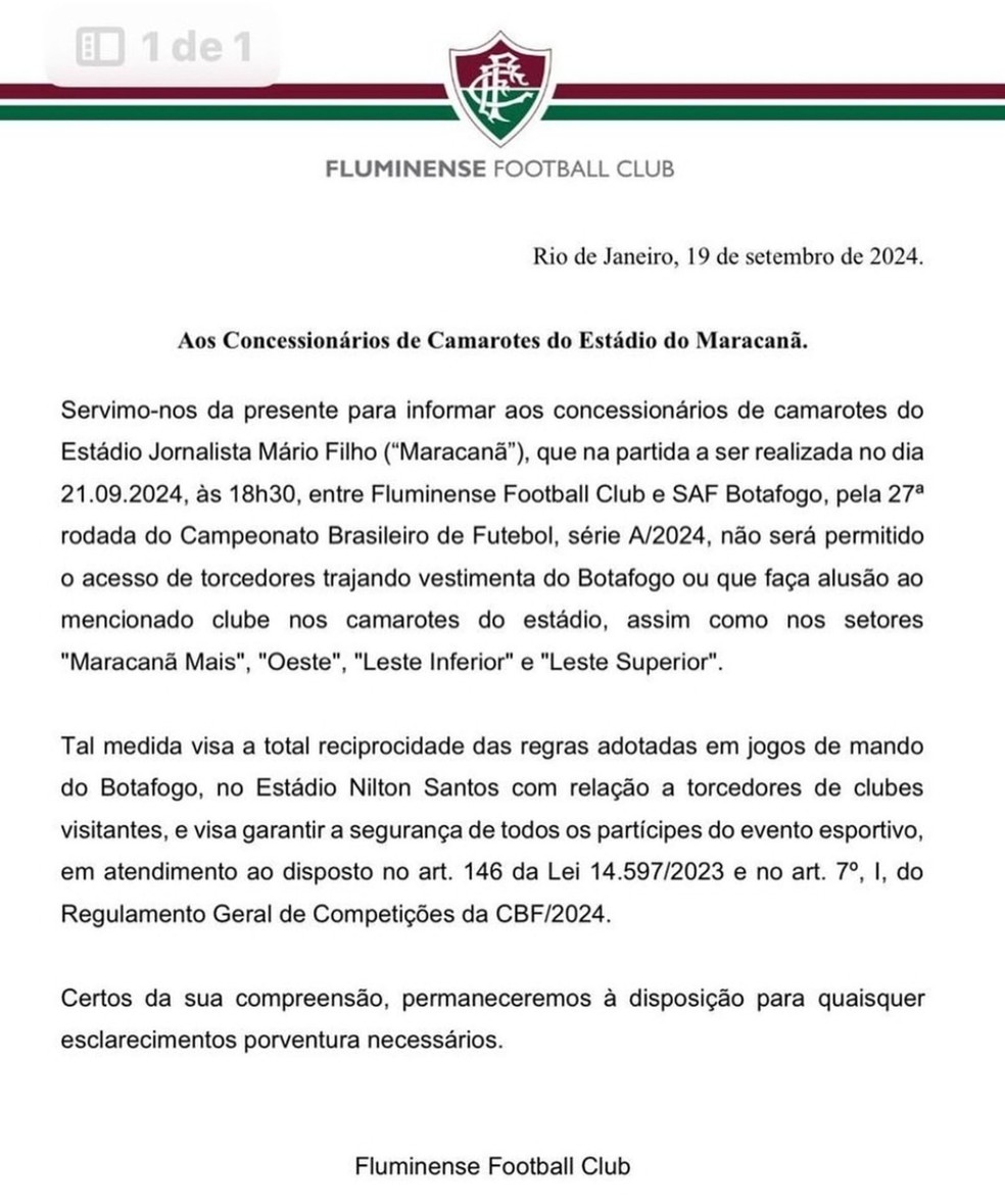 Documento do Fluminense — Foto: Reprodução