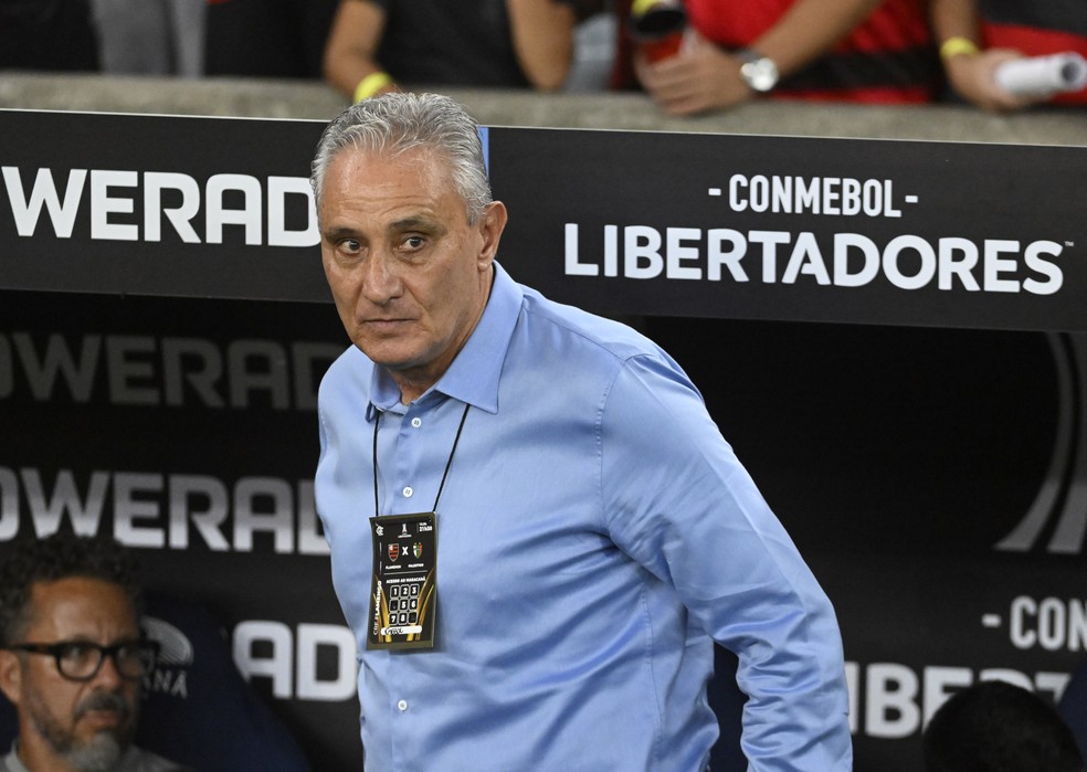 Tite, treinador do Flamengo, durante partida contra o Palestino, na Libertadores — Foto: André Durão