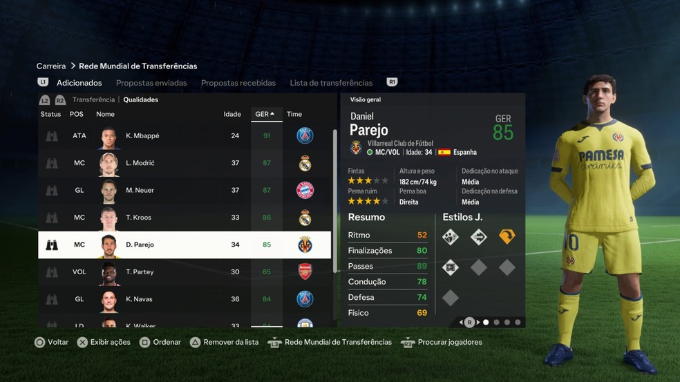 Parejo no modo carreira do FC 24 — Foto: Reprodução/EA Sports