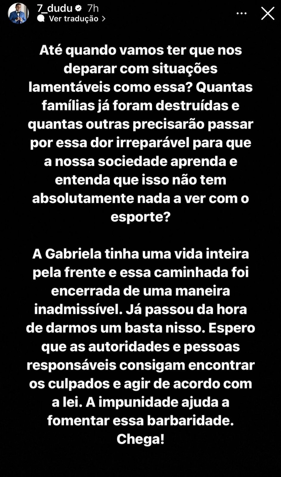 Post de Dudu após morte de torcedora do Palmeiras — Foto: Reprodução