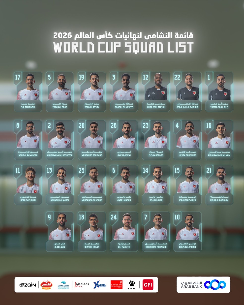Jordânia anuncia os 26 convocados para a Copa do Mundo 2026 — Foto: Divulgação / Jordan FA