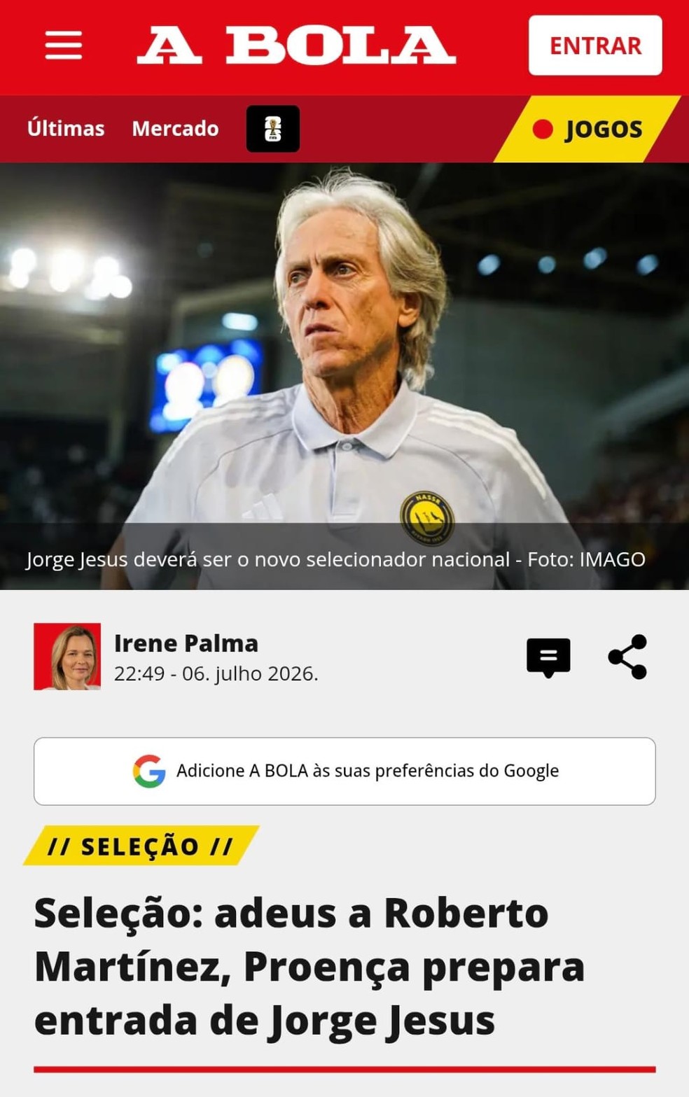 Jornal A Bola crava Jorge Jesus na seleção de Portugal