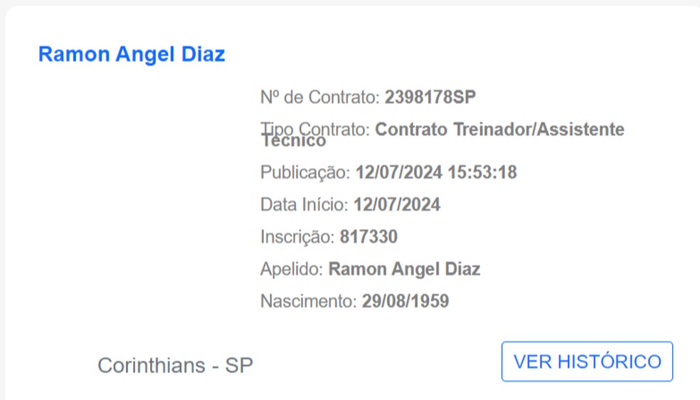 Ramón Díaz é registrado pelo Corinthians no BID — Foto: Reprodução