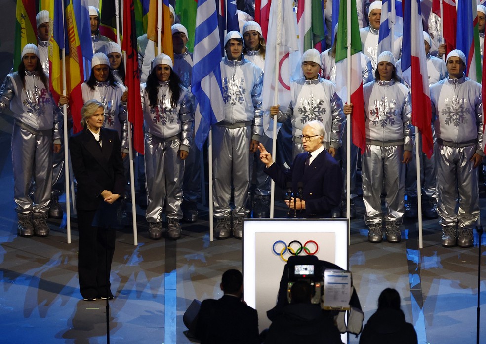 Autoridades discursam na cerimônia de abertura das Olimpíadas de Inverno — Foto: Alessandro Garofalo/Reuters