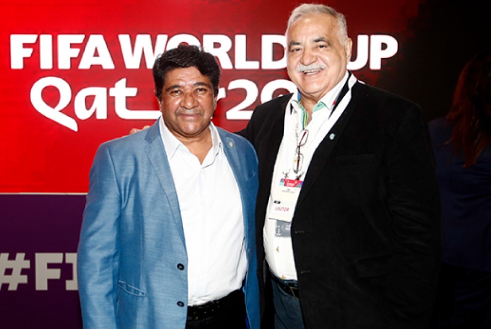 Ednaldo Rodrigues, presidente da CBF, ao lado de Francisco Cezário, em evento para a Copa do Mundo. — Foto: Divulgação