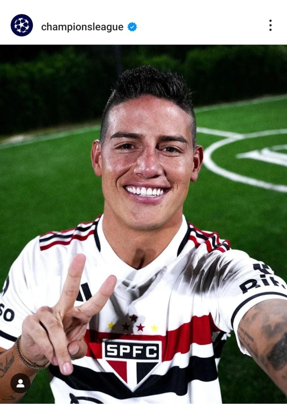 Perfil da Champions publica foto de James Rodríguez com a camisa do São Paulo — Foto: Reprodução