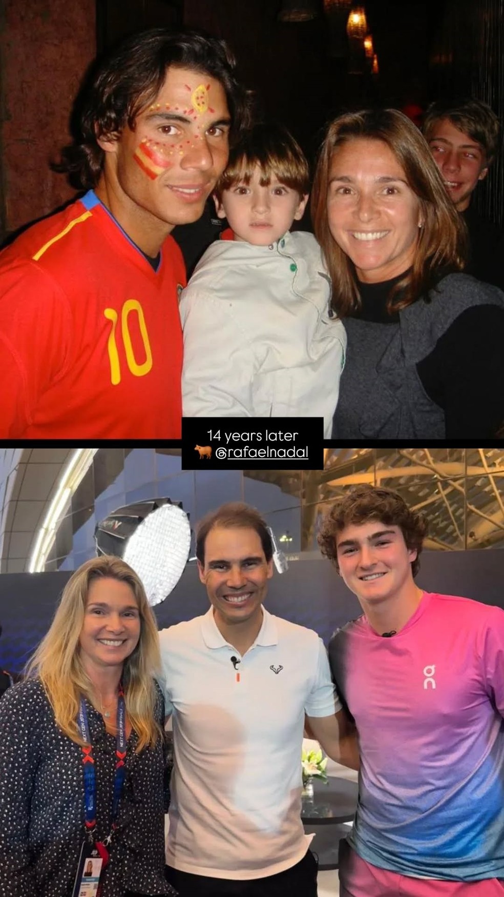 João Fonseca, a mãe, Roberta, e Rafael Nadal em fotos separadas por 14 anos — Foto: Reprodução