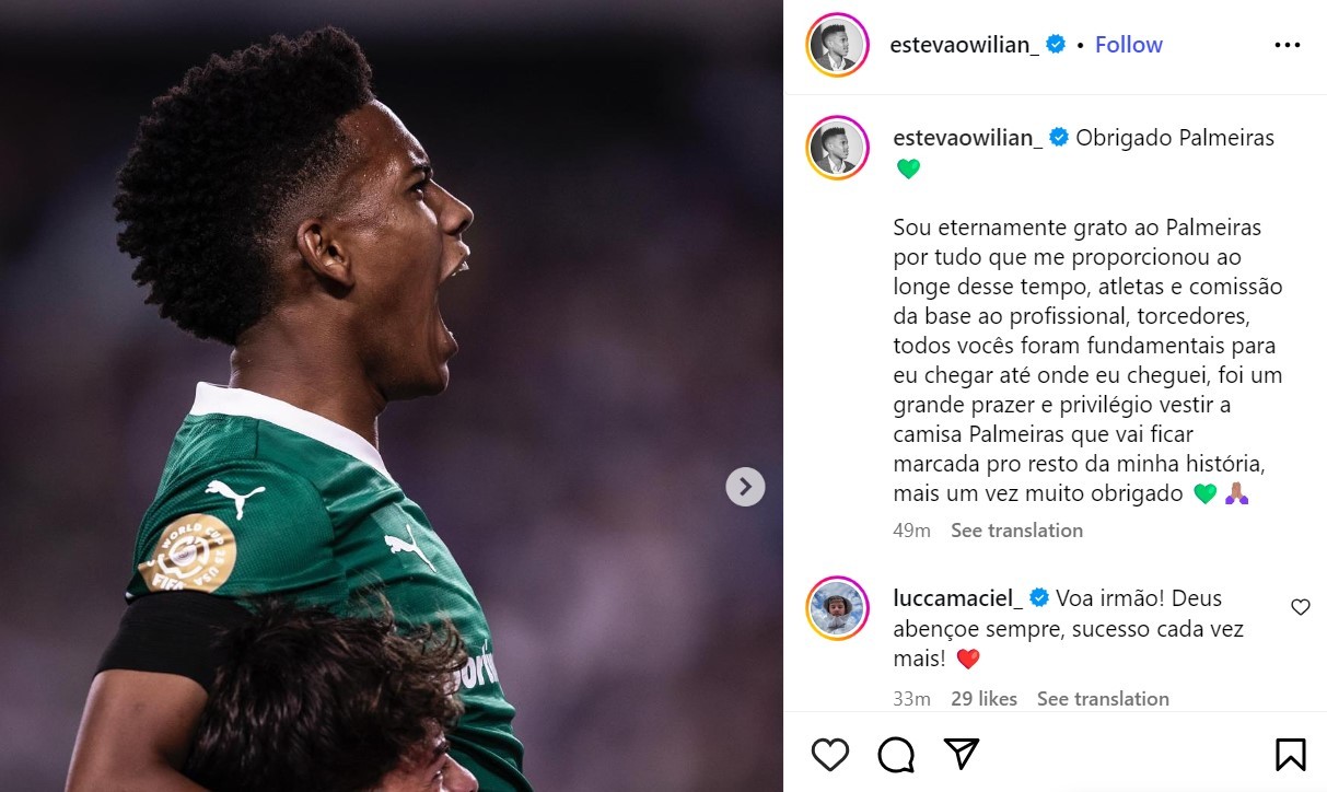 Estêvão agradece ao Palmeiras e se despede dos torcedores: 