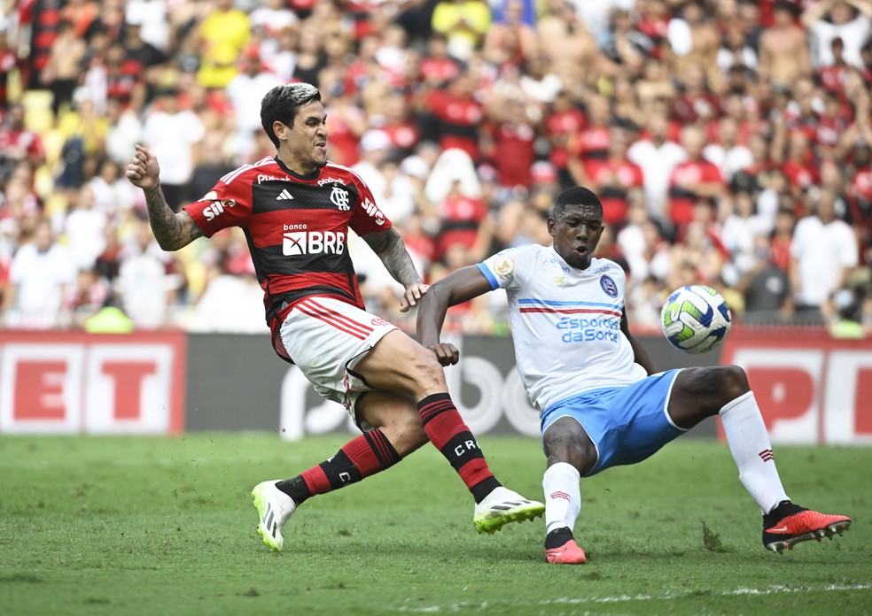 Pedro em finalização bloqueada por Kanu no Flamengo x Bahia — Foto: André Durão