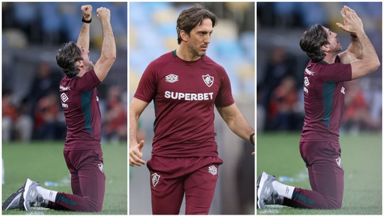 Da vibração aos joelhos após vitória: veja as reações de Zubeldía na estreia - Foto: (Editoria de Arte sobre fotos de Marcelo Gonçalves/Fluminense FC)