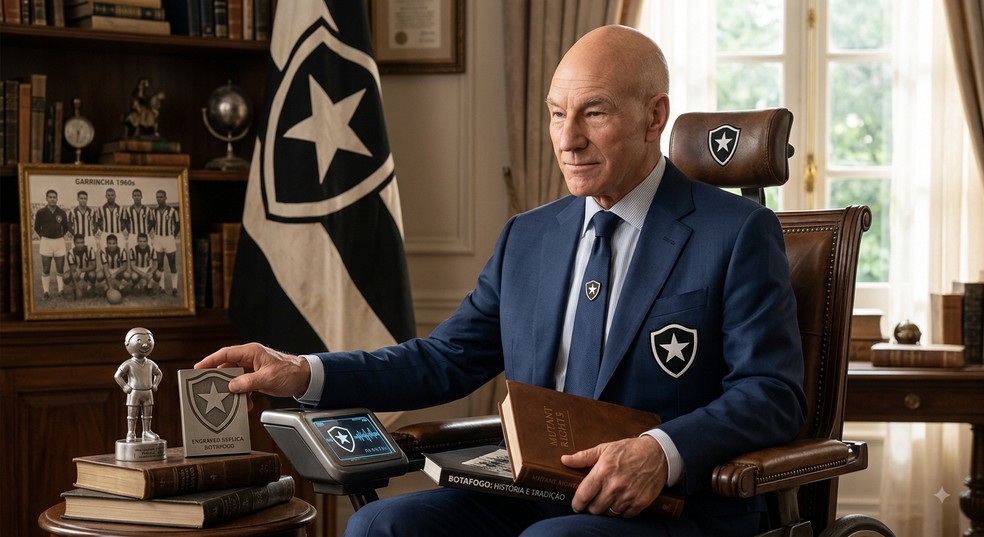 Professor Xavier, dos X-Men, associado ao Botafogo em montagem feita por Inteligência Artificial — Foto: Montagem feita por IA