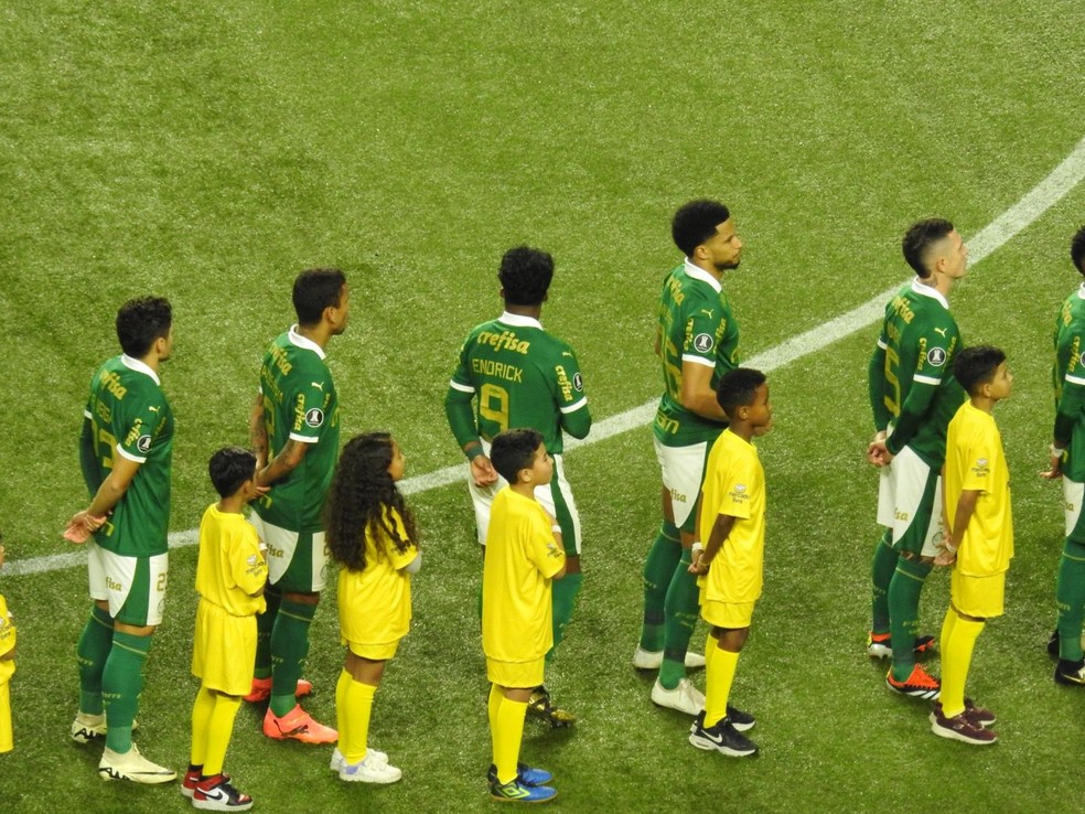 Endrick olha homenagem da torcida do Palmeiras em sua noite de despedida — Foto: Camila Alves