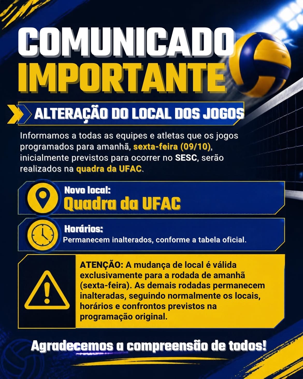 Curtinha: Feav altera local de jogos desta sexta-feira da Etapa Rio Branco do Acreano de Vôlei
