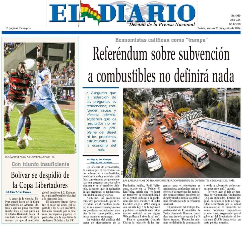 Jornal da Bolívia repercute eliminação do Bolívar na Libertadores — Foto: Reprodução