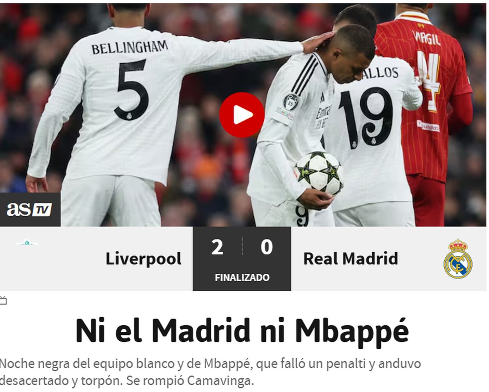 Jornal "As" repercute má atuação de Mbappé — Foto: Reprodução