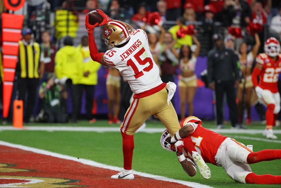 Jauan Jennings (15) marca touchdown para o San Francisco 49ers no Super Bowl LVIII — Foto: REUTERS/Brian Snyder