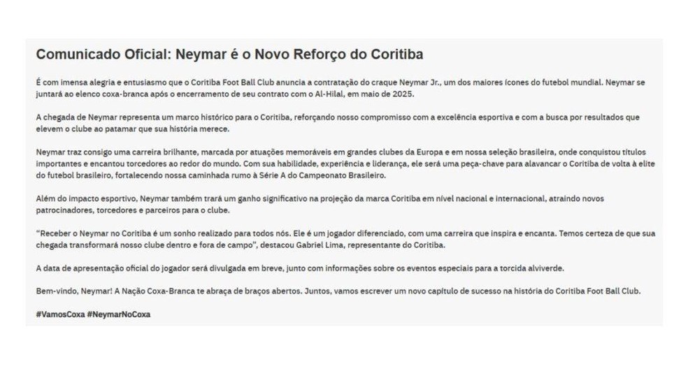 Hacker invade site do Coritiba e anuncia Neymar — Foto: Divulgação