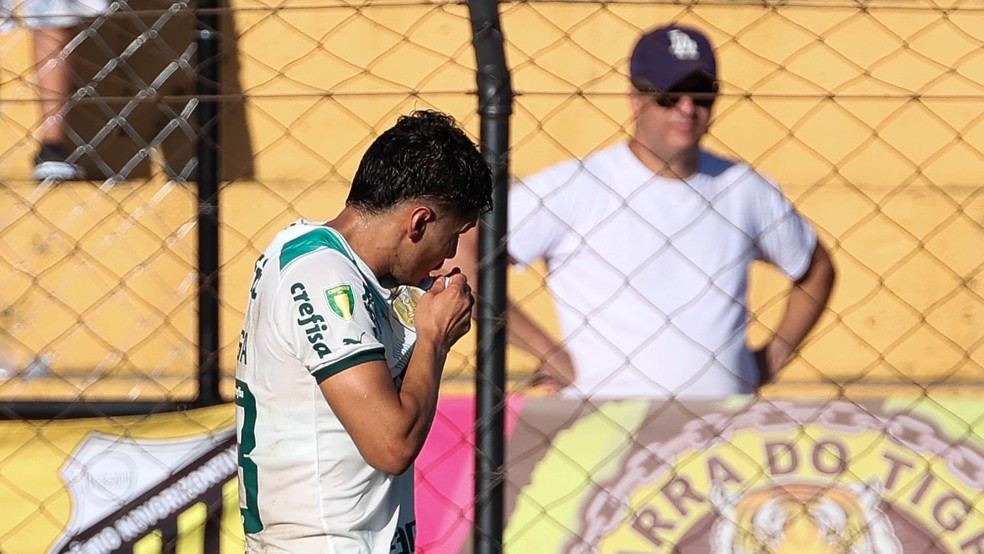 Raphael Veiga comemora o gol do Palmeiras na estreia do Paulistão — Foto: Cesar Greco