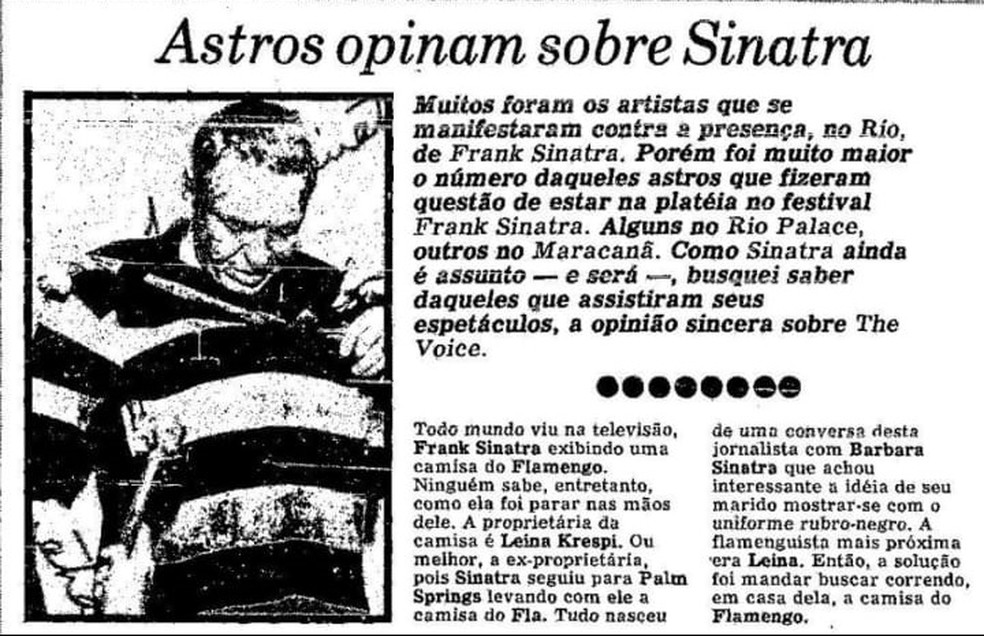 Frank Sinatra com a camisa do Flamengo em 1980 — Foto: Reprodução