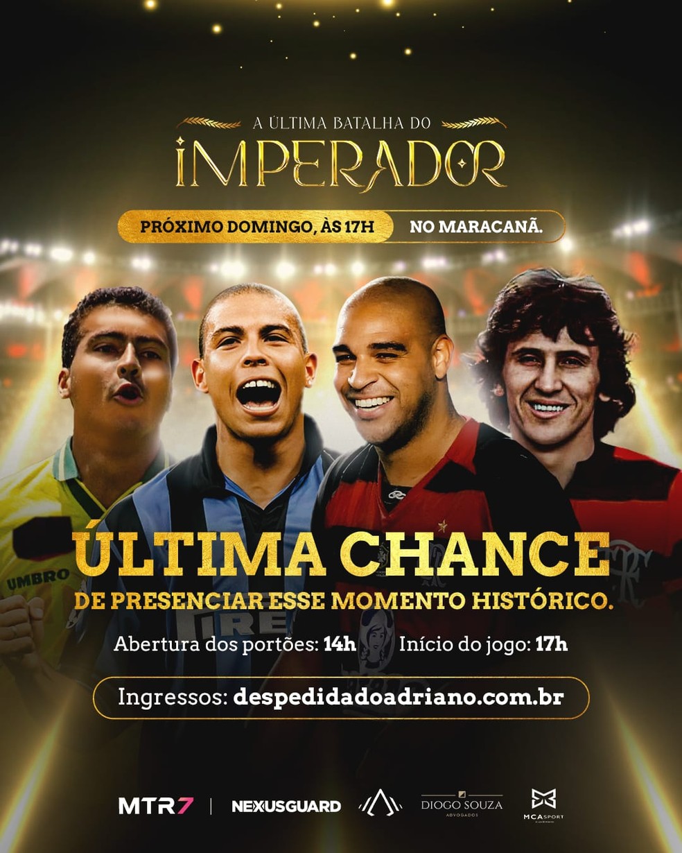Adriano terá a companhia de Zico, Ronaldo e Romário na despedida — Foto: Reprodução
