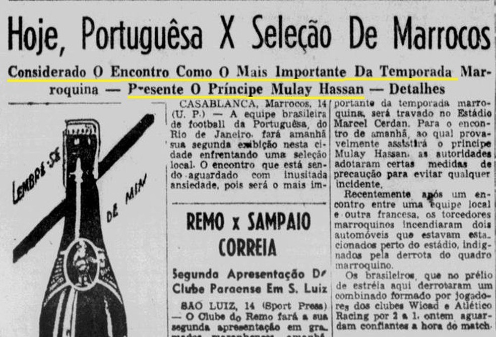 Jornal O Globo destacou o jogo da Portuguesa-RJ contra o Marrocos em 1956 — escola brasileira no Marrocos
