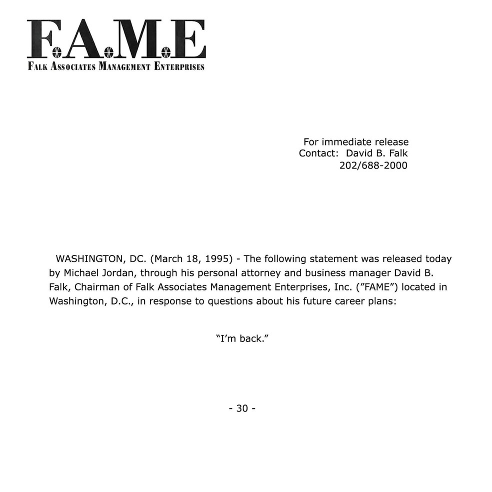 Nota do anúncio do retorno de Michael Jordan para a NBA em 1995 — Foto: NBA