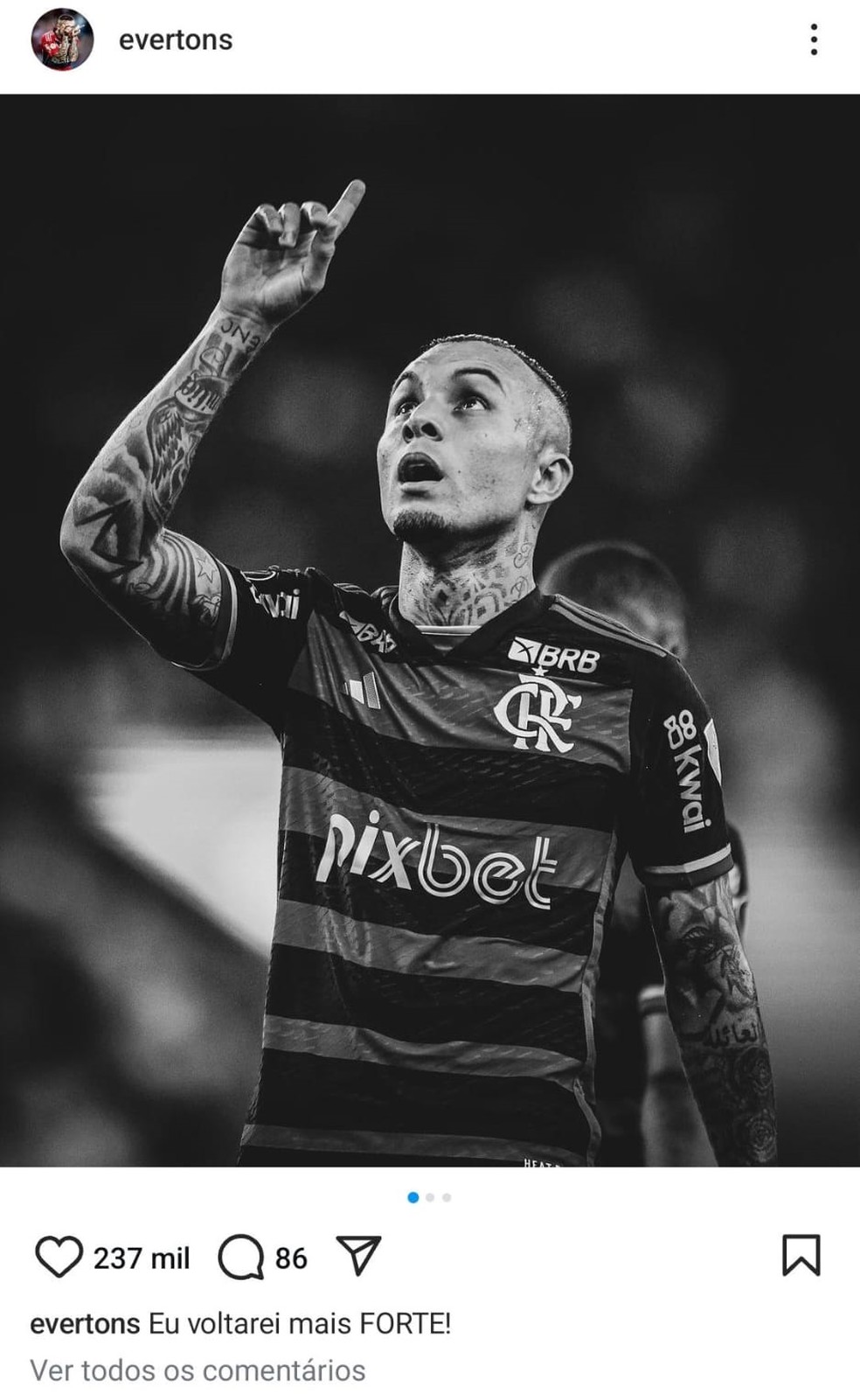 Cebolinha, do Flamengo, posta mensagem após grave lesão — Foto: Reprodução / Instagram