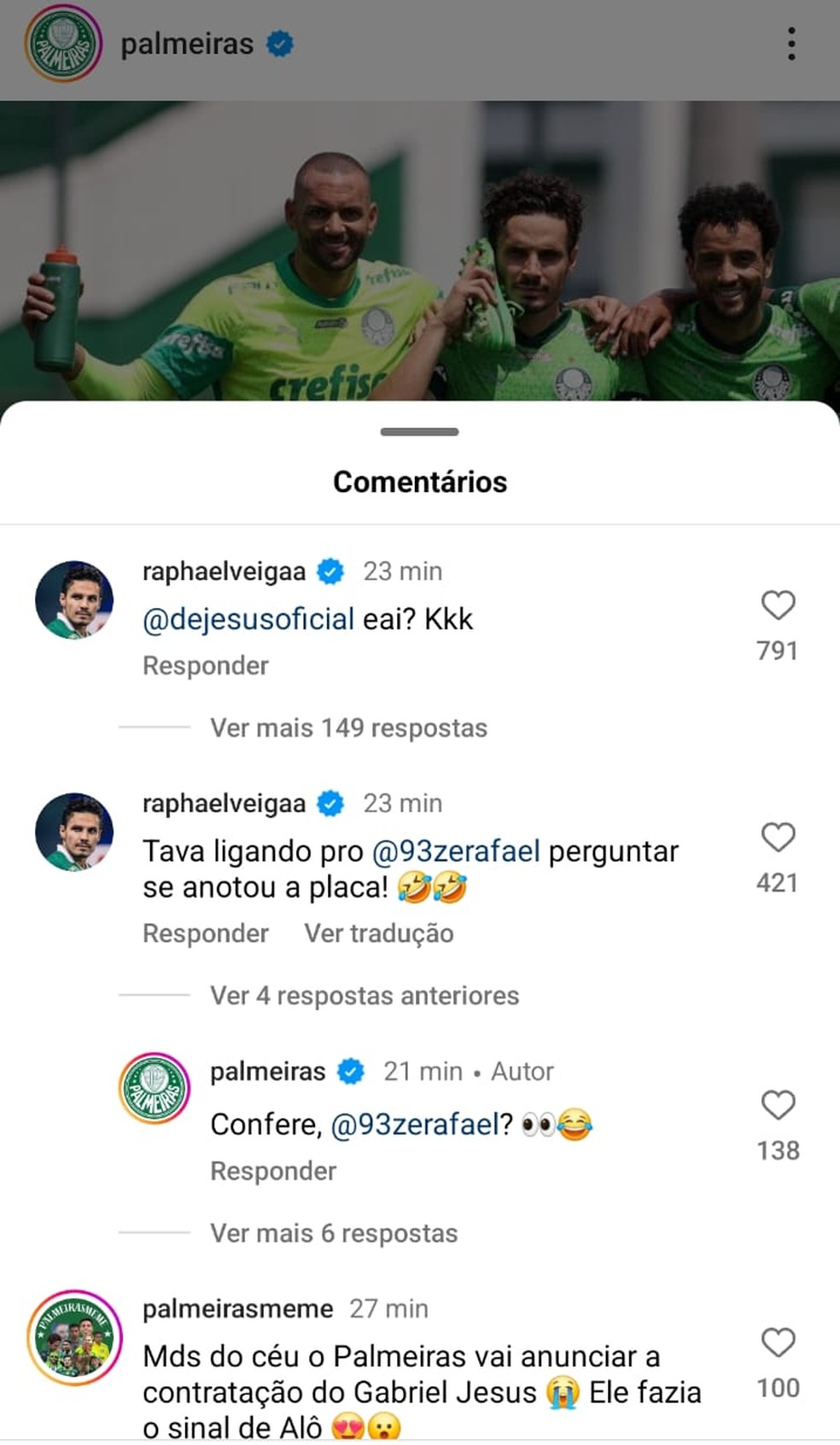 Veiga cita Gabriel Jesus em foto do Palmeiras � Foto: Reprodu��o/Instagram