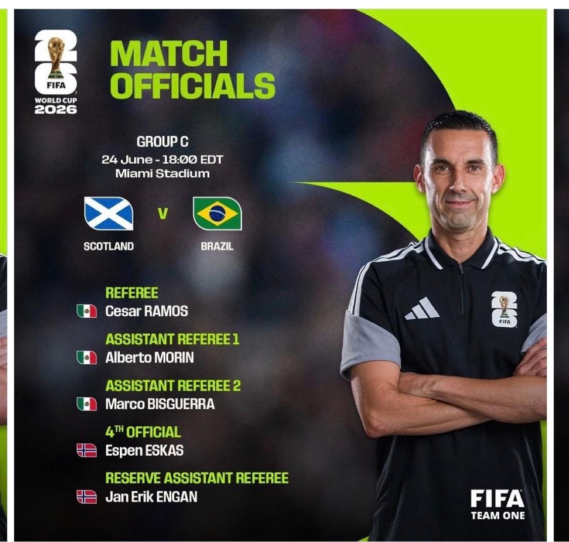 Árbitro mexicano Cesar Ramos apita Escócia x Brasil