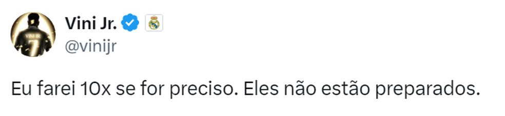 Postagem de Vinicius Junior logo após a Bola de Ouro 2024 — Foto: Reprodução/Twitter